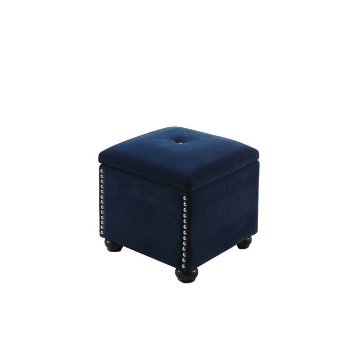 Fabric Upholstered Square Storage Ottoman with Nailhead Trim, Blue