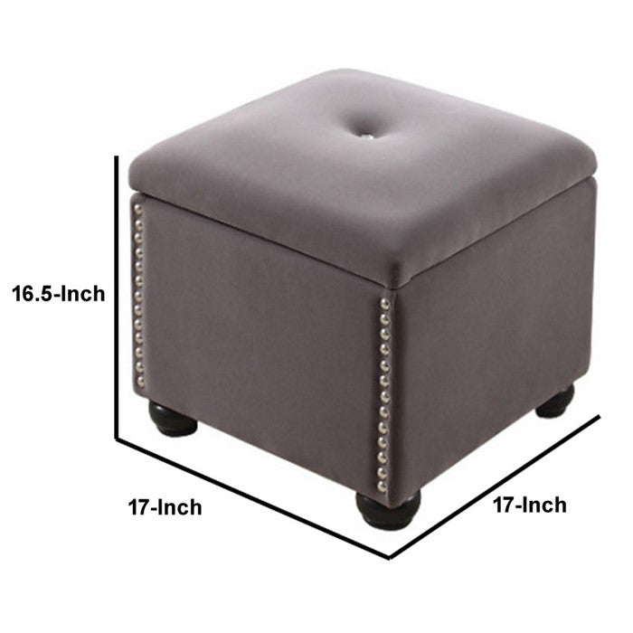 Fabric Upholstered Square Storage Ottoman with Nailhead Trim, Gray
