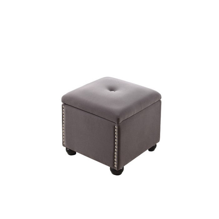 Fabric Upholstered Square Storage Ottoman with Nailhead Trim, Gray