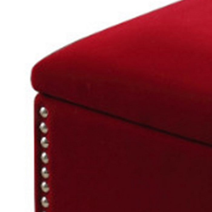 Fabric Upholstered Square Storage Ottoman with Nailhead Trim, Red