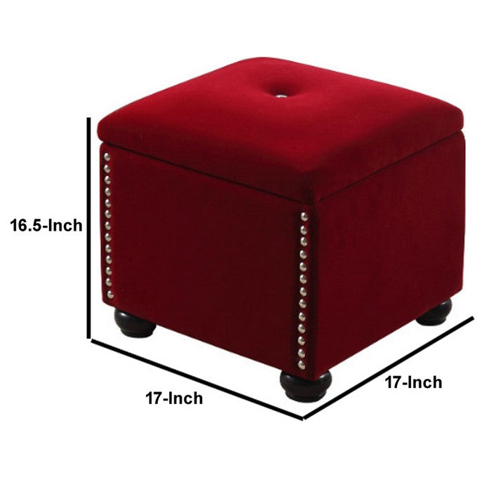 Fabric Upholstered Square Storage Ottoman with Nailhead Trim, Red