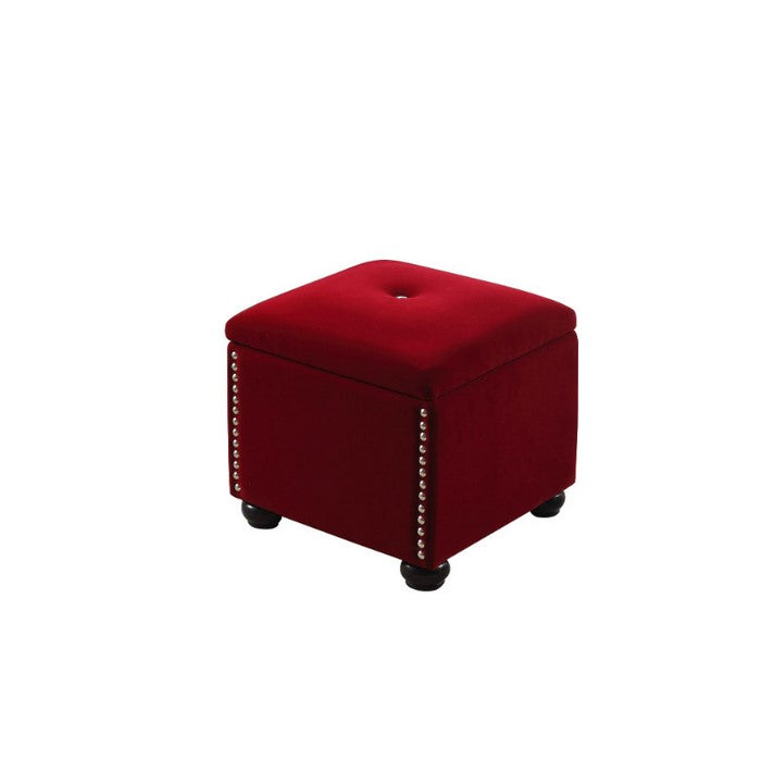 Fabric Upholstered Square Storage Ottoman with Nailhead Trim, Red