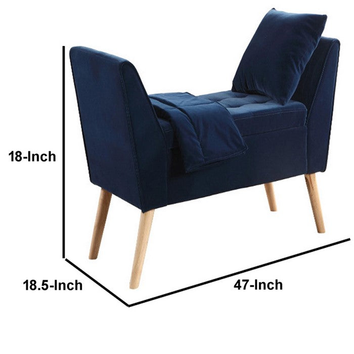Button Tufted Wooden Storage Bench with Pillow and Blanket, Blue