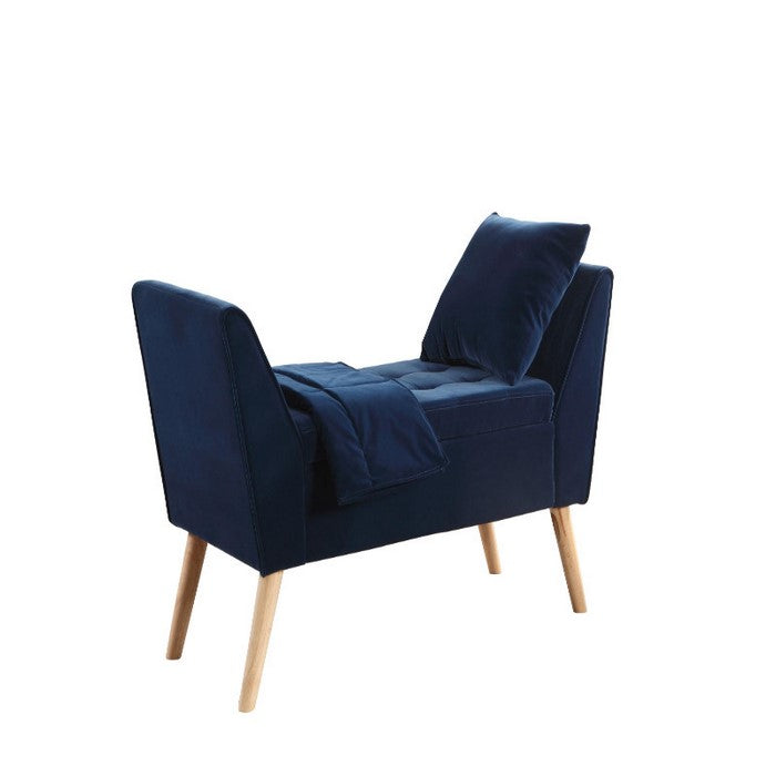 Button Tufted Wooden Storage Bench with Pillow and Blanket, Blue