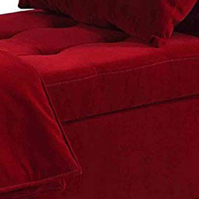 Button Tufted Wooden Storage Bench with Pillow and Blanket, Red