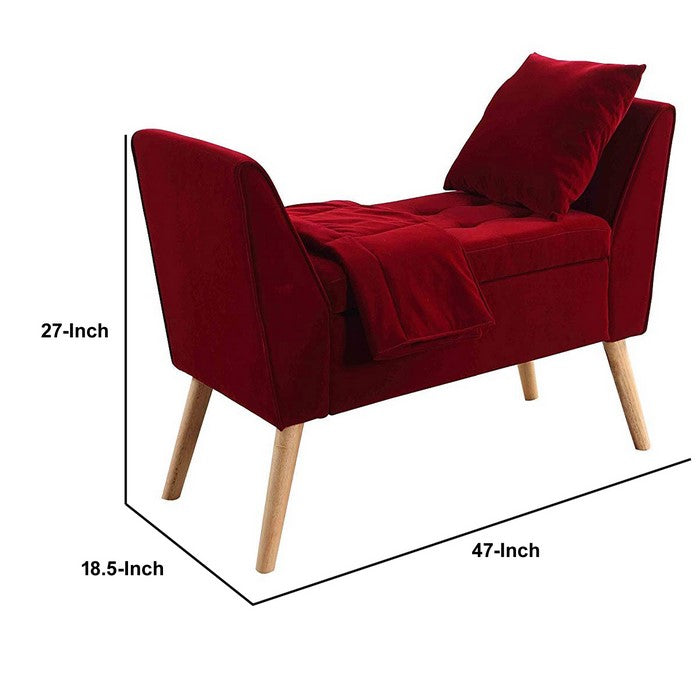 Button Tufted Wooden Storage Bench with Pillow and Blanket, Red