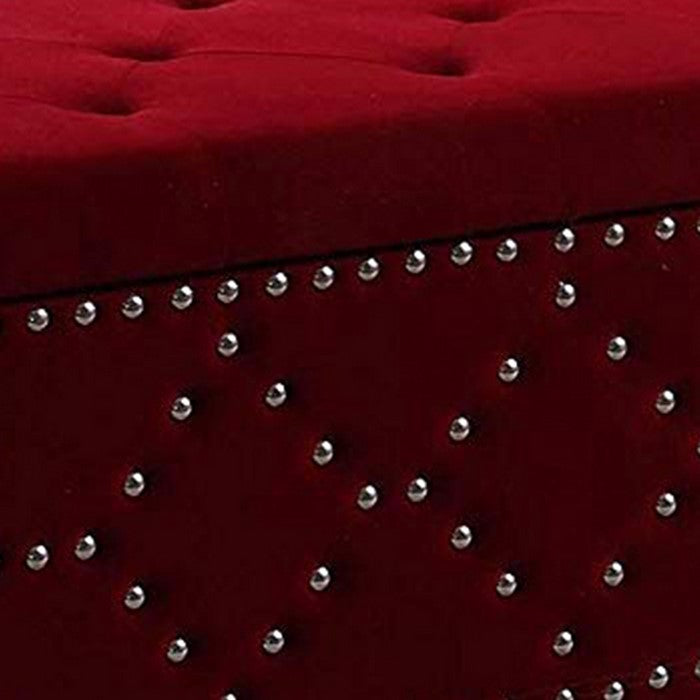 Velvet Upholstered Tufted Wooden Storage Bench with Nailhead Trims,Red