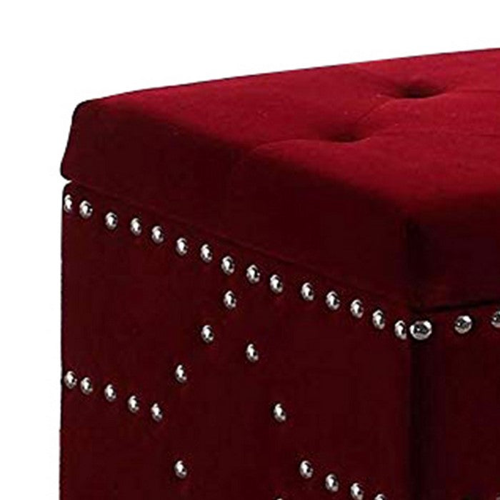 Velvet Upholstered Tufted Wooden Storage Bench with Nailhead Trims,Red