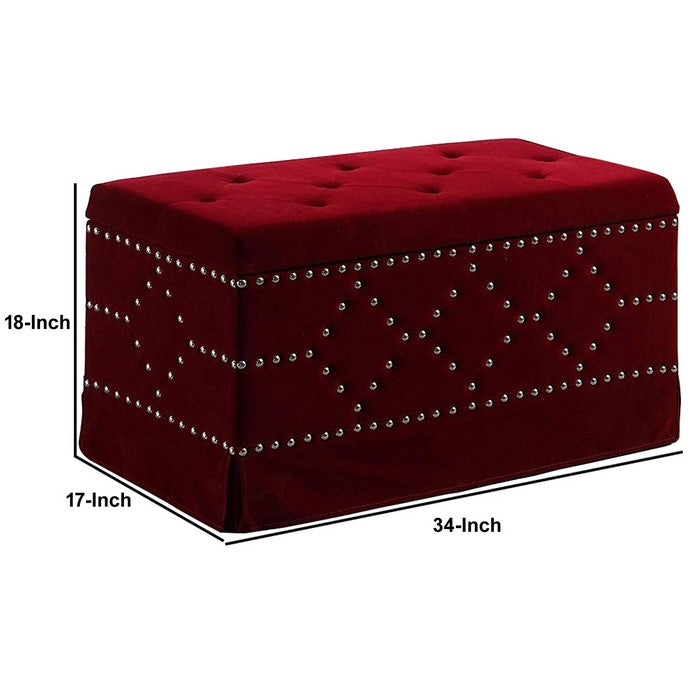 Velvet Upholstered Tufted Wooden Storage Bench with Nailhead Trims,Red