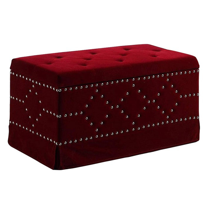 Velvet Upholstered Tufted Wooden Storage Bench with Nailhead Trims,Red