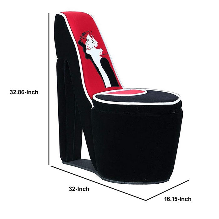 High Heel Shaped Printed Wooden Chair with Storage, Red and Black