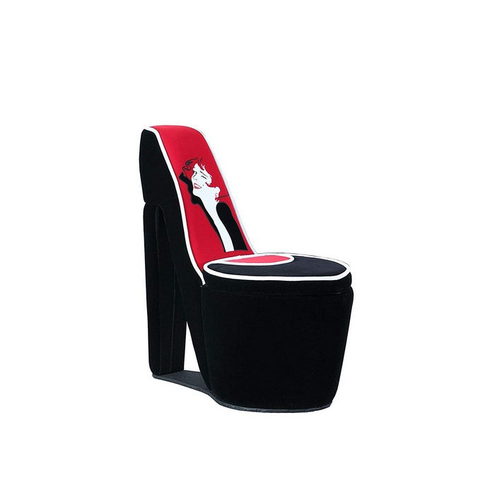 High Heel Shaped Printed Wooden Chair with Storage, Red and Black