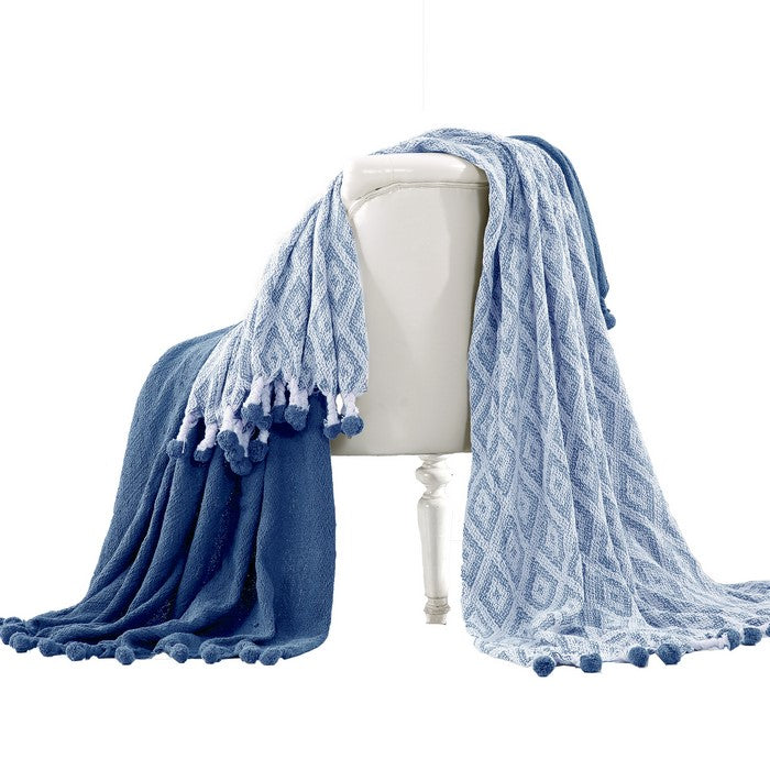Orleans Cotton Throw with Diamond Maze The Urban Port, Set of 2, Blue and White