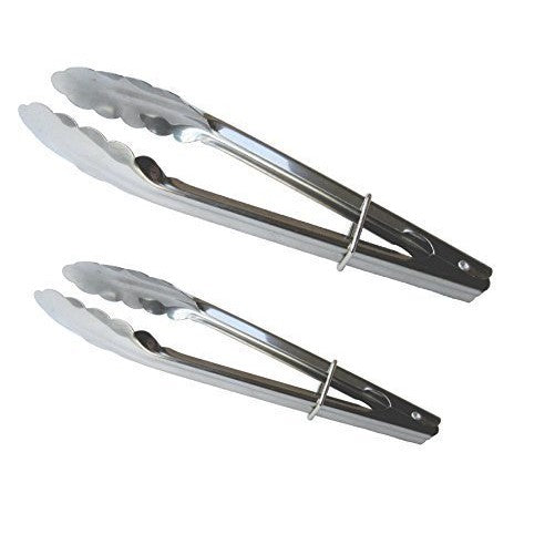 Set of 2 (1- 9" & 1-12") Stainless Steel Clam Shell Food Service Tongs with Sliding Rings. Quality Construction, Dishwasher Safe