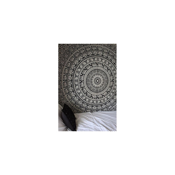 Labhanshi Elephant Mandala Indian Traditional Hippie Cotton Tapestry, Black and White, Queen