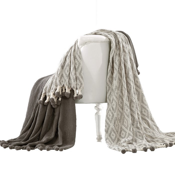 Orleans Cotton Throw with Diamond Maze The Urban Port, Set of 2, Gray and White