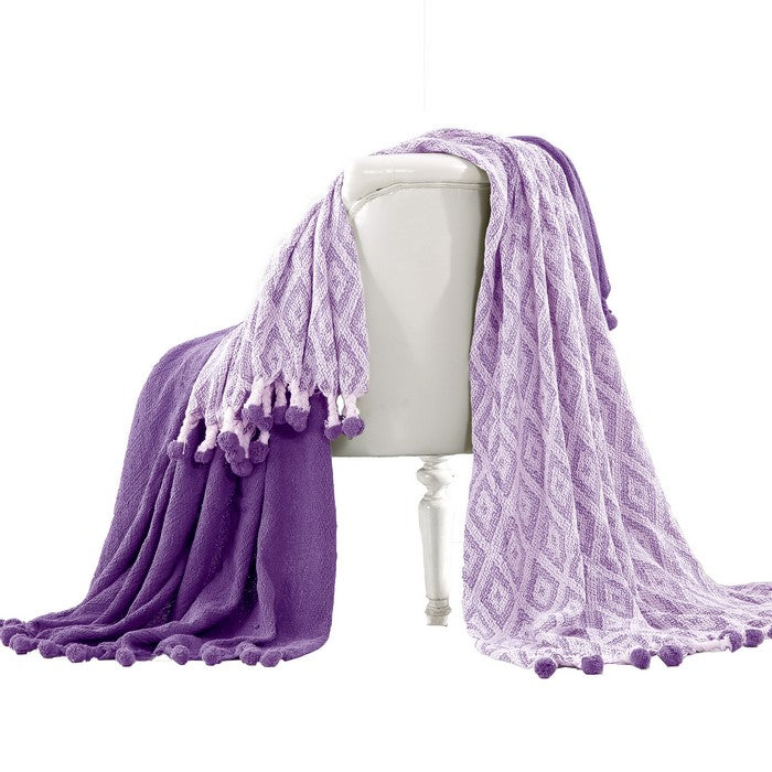 Orleans Cotton Throw with Diamond Maze The Urban Port, Set of 2, Purple and White