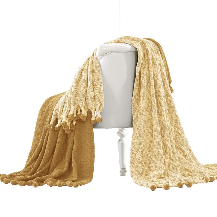 Orleans Cotton Throw with Diamond Maze The Urban Port, Set of 2, Yellow and White