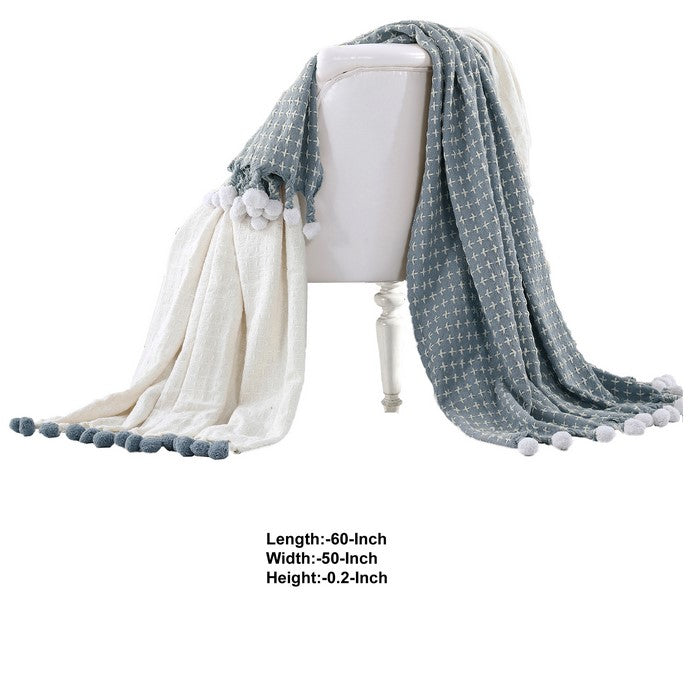 Verona Cross Stitched Cotton Throw The Urban Port, Set of 2, Blue and White