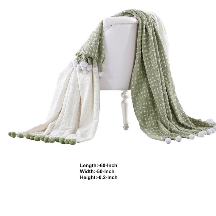 Verona Cross Stitched Cotton Throw The Urban Port, Set of 2, Green and White