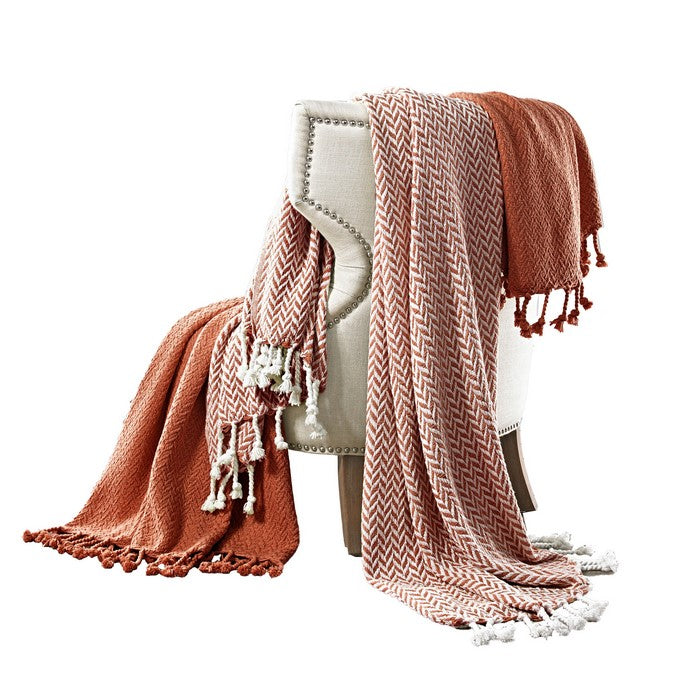 Calabria Herringbone Cotton Throw The Urban Port, Set of 2, Red and White