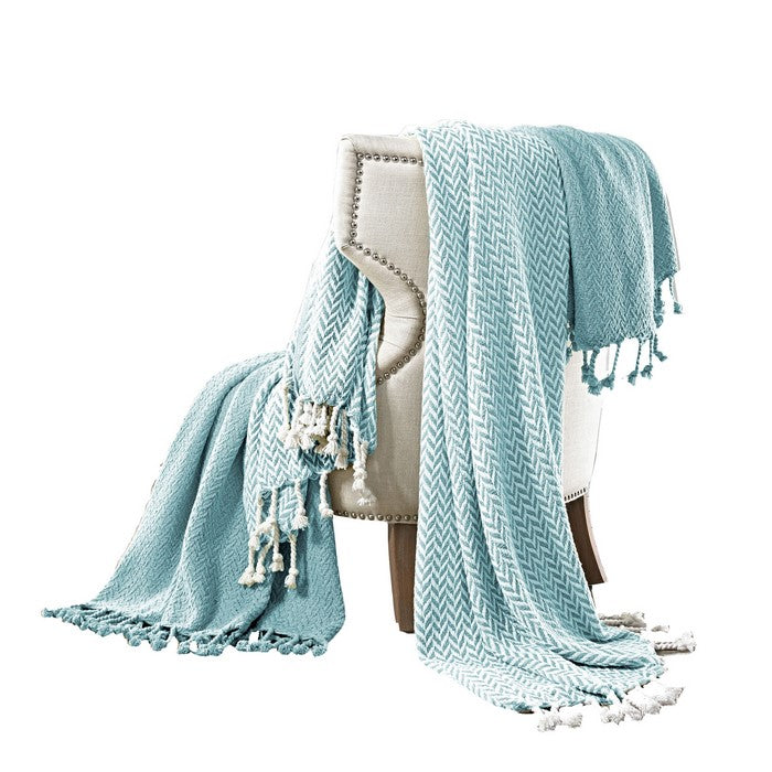 Calabria Herringbone Cotton Throw The Urban Port, Set of 2, Aqua Blue and White