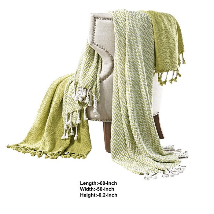 Calabria Herringbone Cotton Throw The Urban Port, Set of 2, Green and White