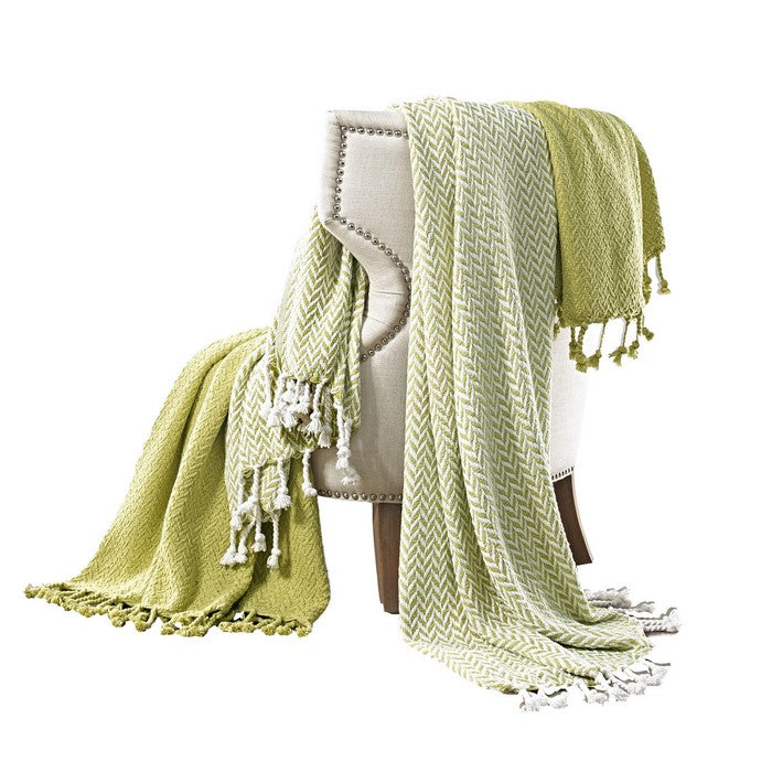 Calabria Herringbone Cotton Throw The Urban Port, Set of 2, Green and White
