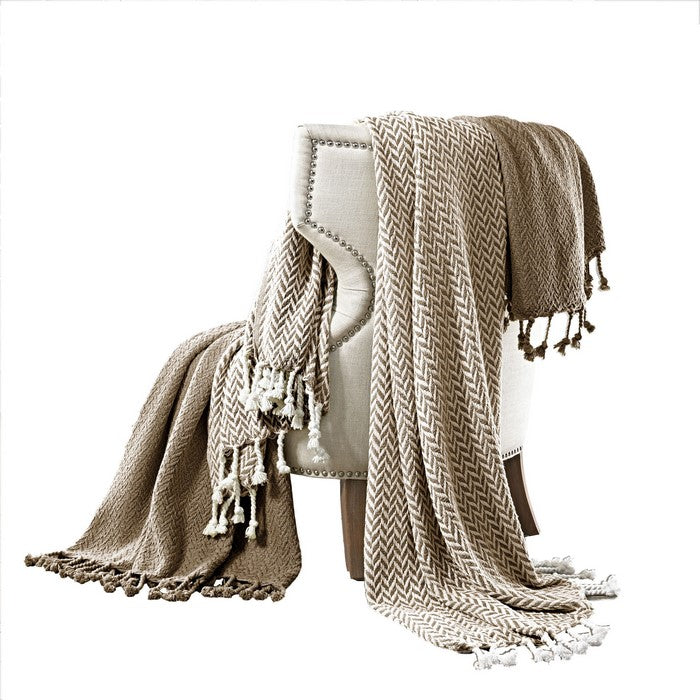 Montgeron Herringbone Cotton Throw The Urban Port, Set of 2, Brown and White