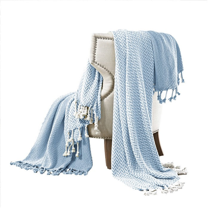 Montgeron Herringbone Cotton Throw The Urban Port, Set of 2, Denim Blue and White