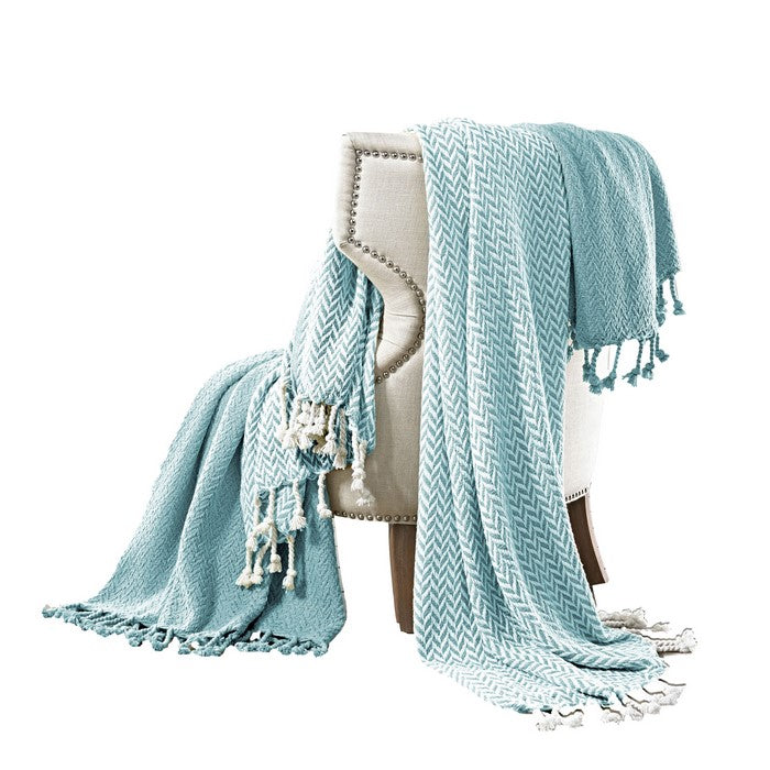 Montgeron Herringbone Cotton Throw The Urban Port, Set of 2, Aqua Blue and White