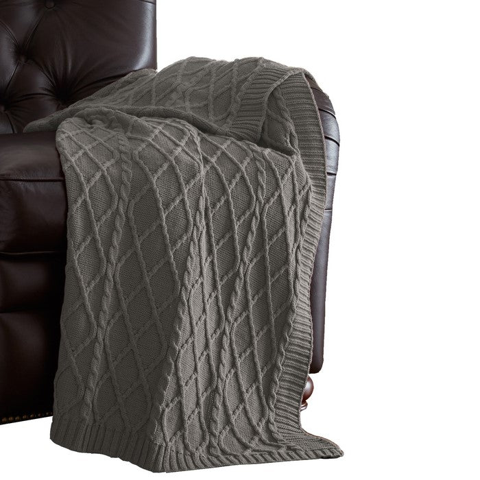 Creuse Cable Knitted Cotton Throw with Diamond Pattern The Urban Port, Gray