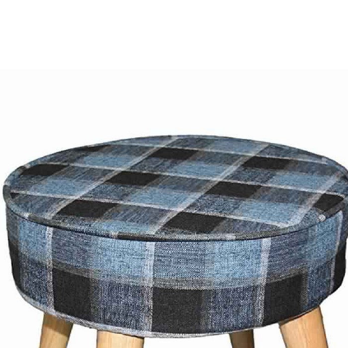 Fabric Upholstered Wooden Footstool with Dowel Legs, Blue and Brown