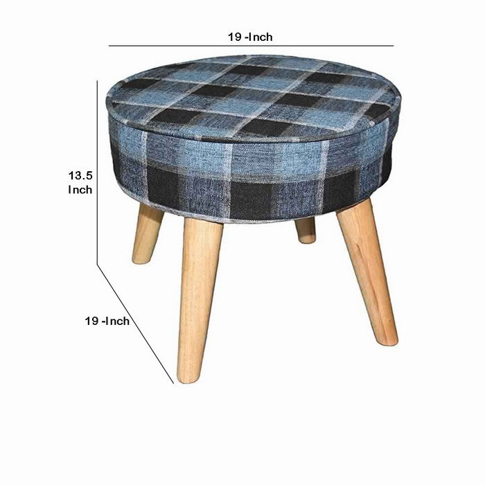 Fabric Upholstered Wooden Footstool with Dowel Legs, Blue and Brown