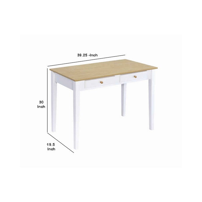 Cottage Style Wooden Writing Desk with 2 Drawers, White and Brown