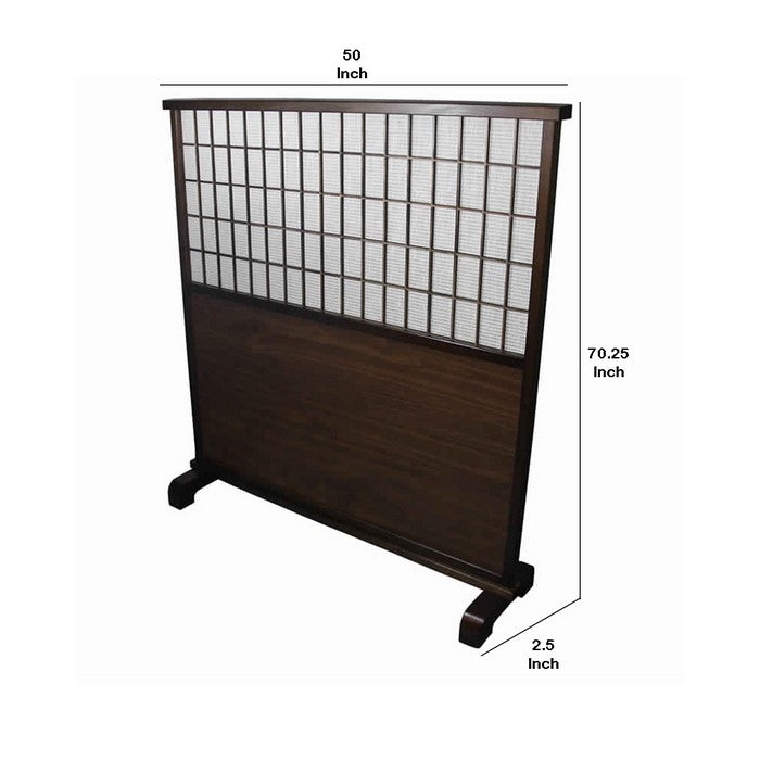 Mahogany Wood and Paper Room Divider with Grid Pattern,White and Brown