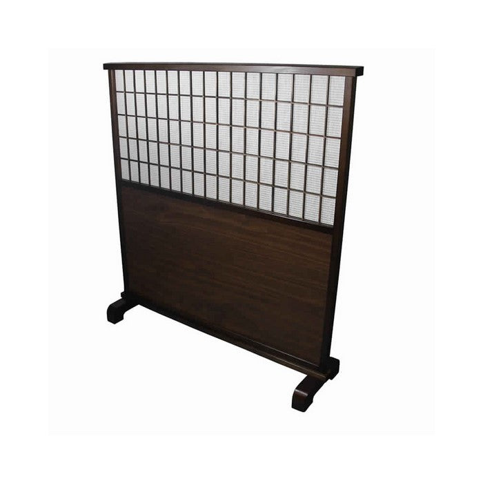 Mahogany Wood and Paper Room Divider with Grid Pattern,White and Brown