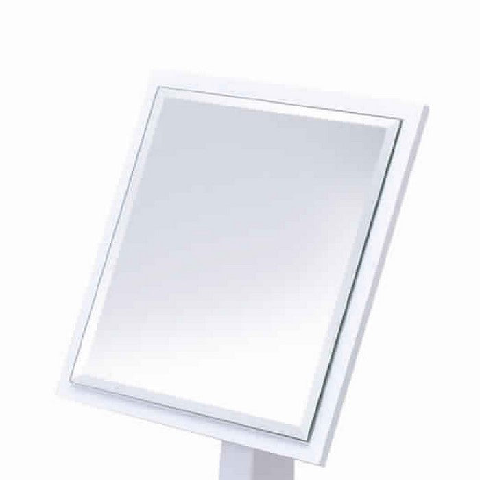 Square Makeup Mirror with Wooden Pedestal Base, White and Silver