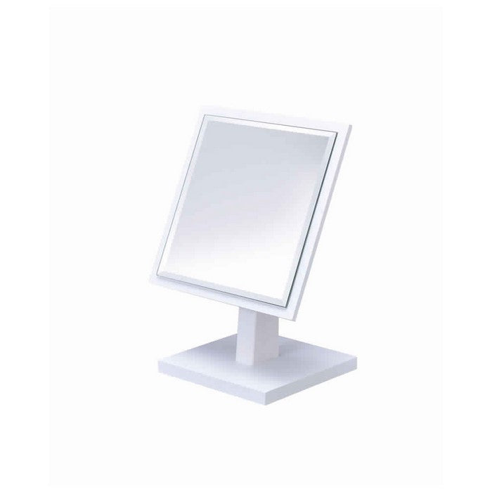 Square Makeup Mirror with Wooden Pedestal Base, White and Silver
