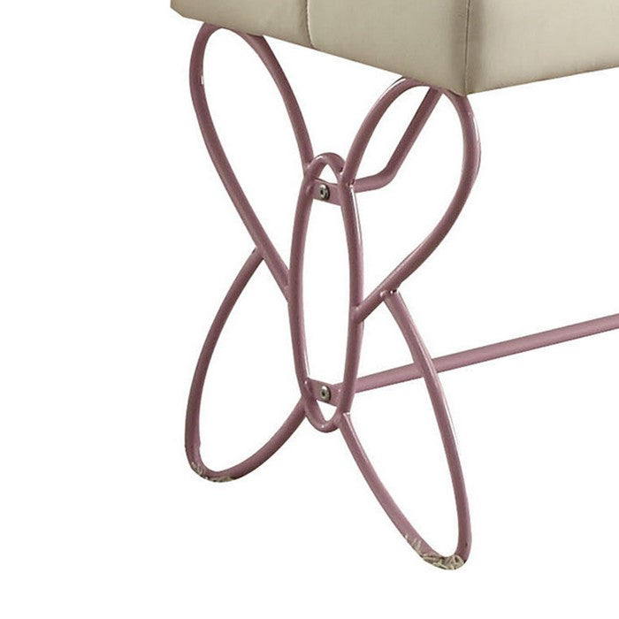 Metal Armless Bench with Butterfly Design, White and Purple