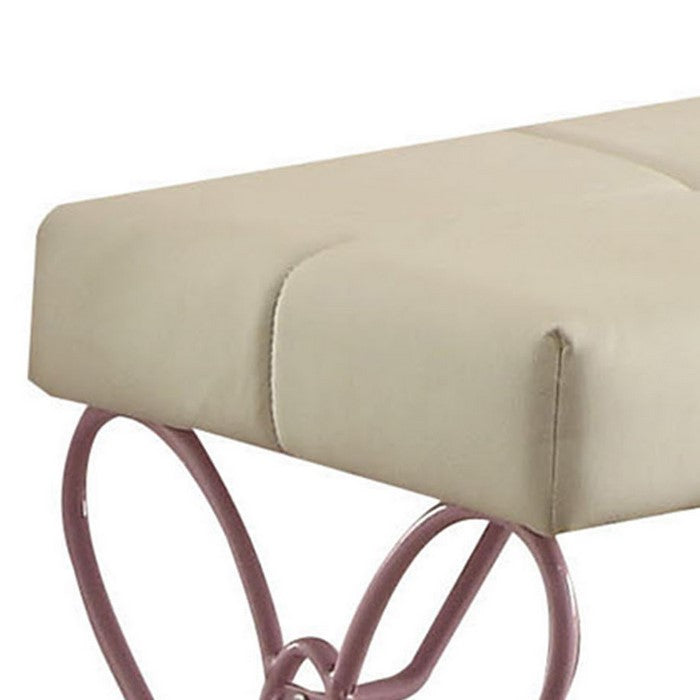 Metal Armless Bench with Butterfly Design, White and Purple