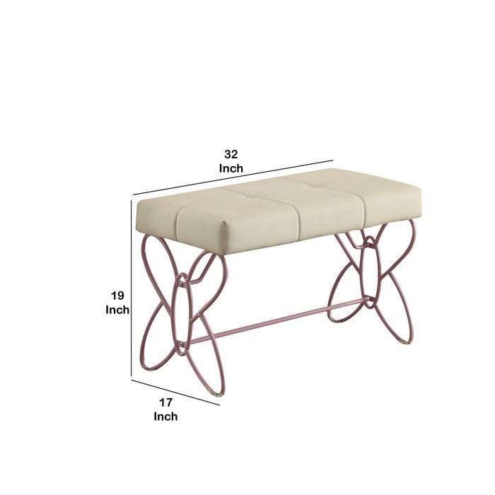 Metal Armless Bench with Butterfly Design, White and Purple