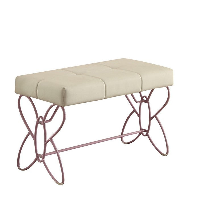 Metal Armless Bench with Butterfly Design, White and Purple
