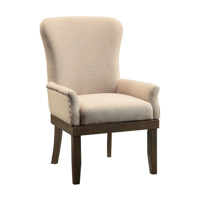 Wooden Arm Chair with Wing Back and Nailhead Trims, Beige and Brown