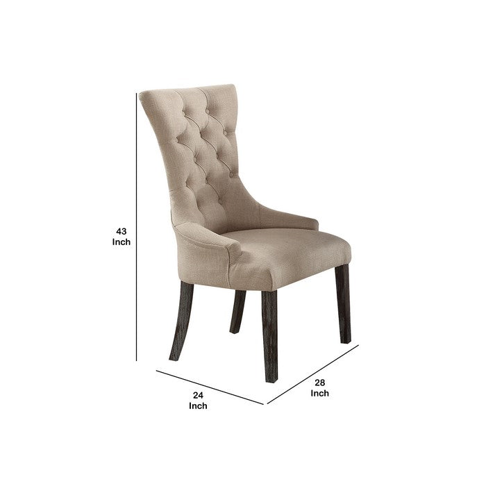 Wooden Dining Chairs with Button Tufting, Set of Two, Beige and Brown