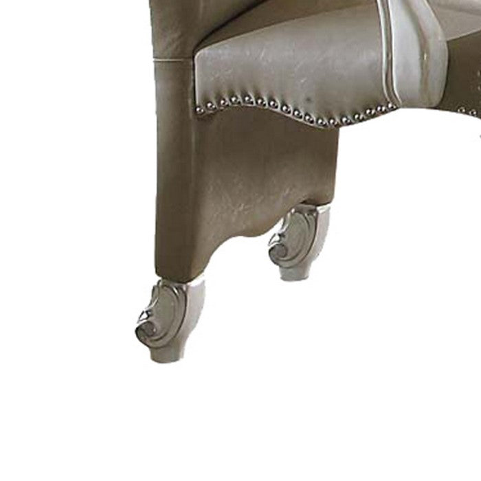 Faux Leather Upholstered Wooden Arm Chairs, Set of Two, White and Gray