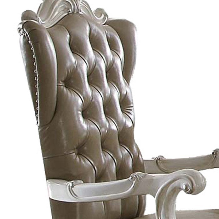 Faux Leather Upholstered Wooden Arm Chairs, Set of Two, White and Gray
