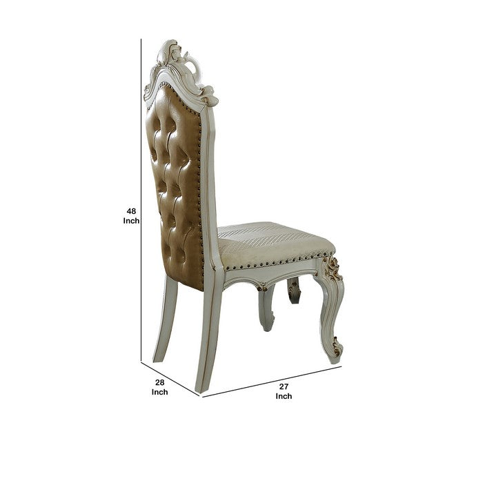 Leatherette Button Tufted Wooden Side Chairs, Set of 2,White and Brown