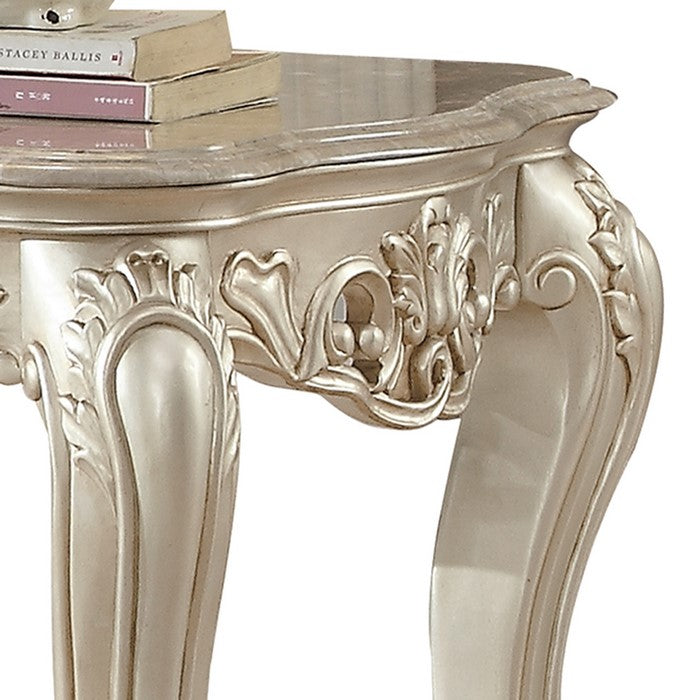 Traditional Style Marble Top End Table with Poly Resin Engravings,Gold