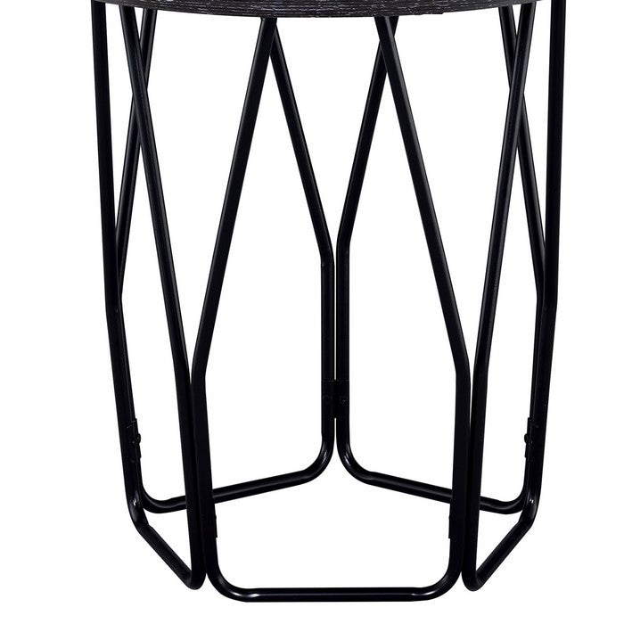 Industrial Style Wooden End Table with Metal Base, Black and Brown